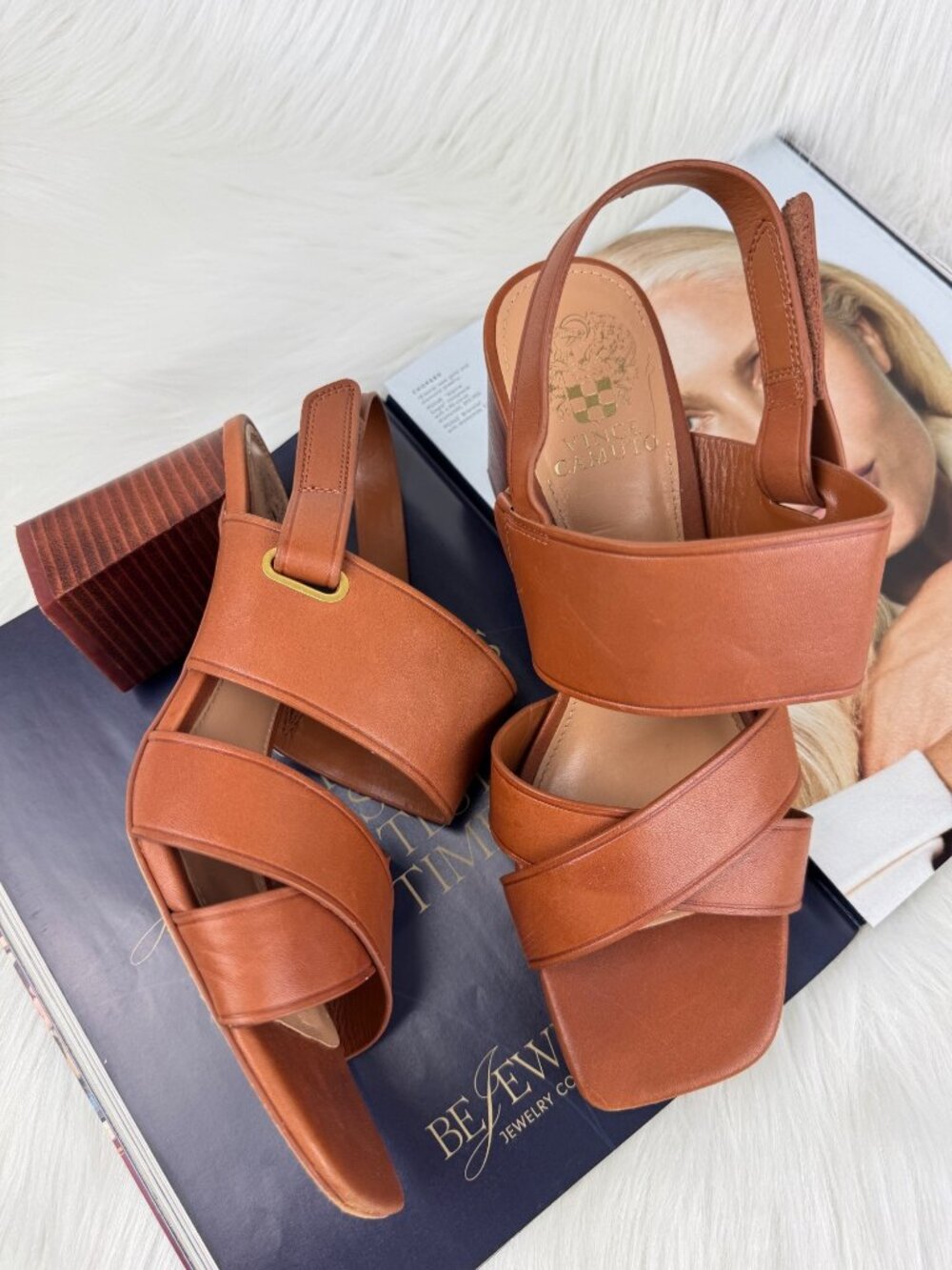 Vince Camuto Bebendy Multi Strap Chunky Heel Sandals Sz US 9.5M EU 41 Camel Brwn